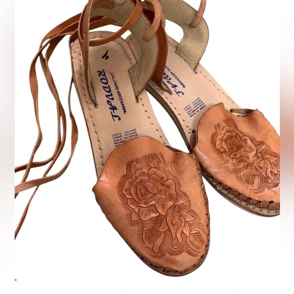 Tan Leather Sandals with Floral Tooled Embroidery and Ankle Straps